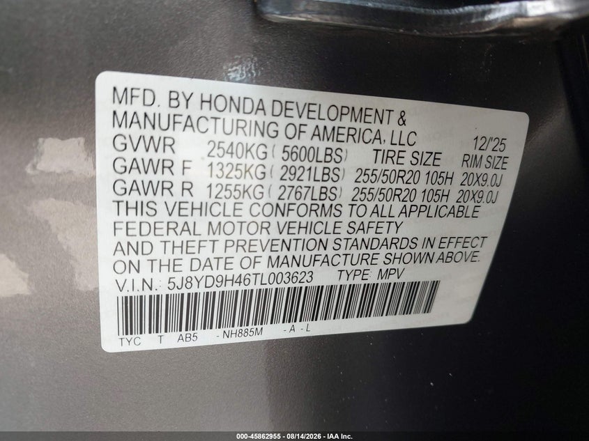 ACURA MDX 2026 VIN 5J8YD9H46TL003623