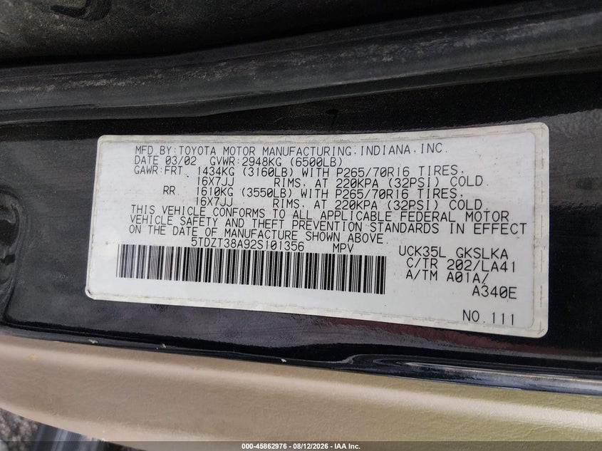 TOYOTA SEQUOIA 2002 VIN 5TDZT38A92S101356