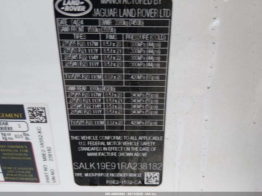 LAND-ROVER RANGE ROVER 2024 VIN SALK19E91RA238182