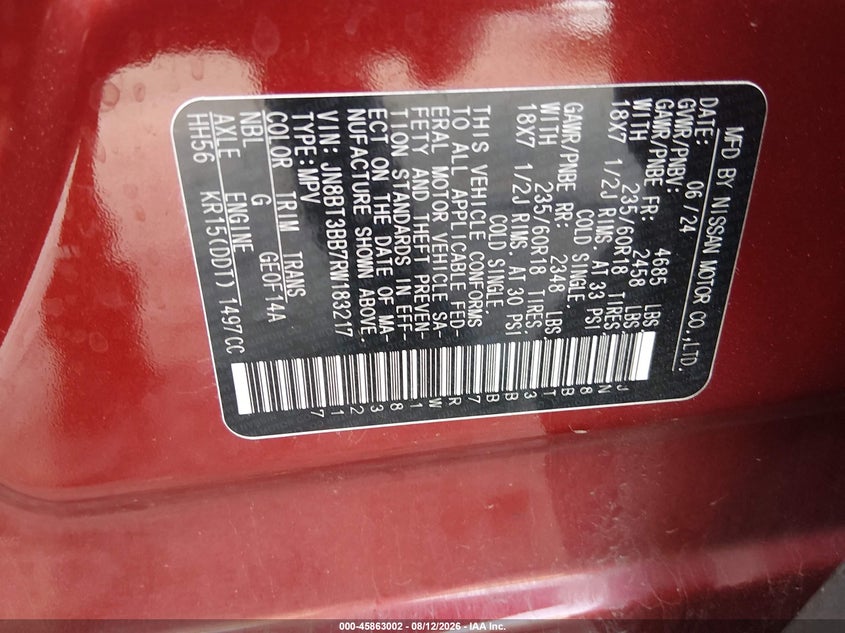 NISSAN ROGUE 2024 VIN JN8BT3BB7RW183217