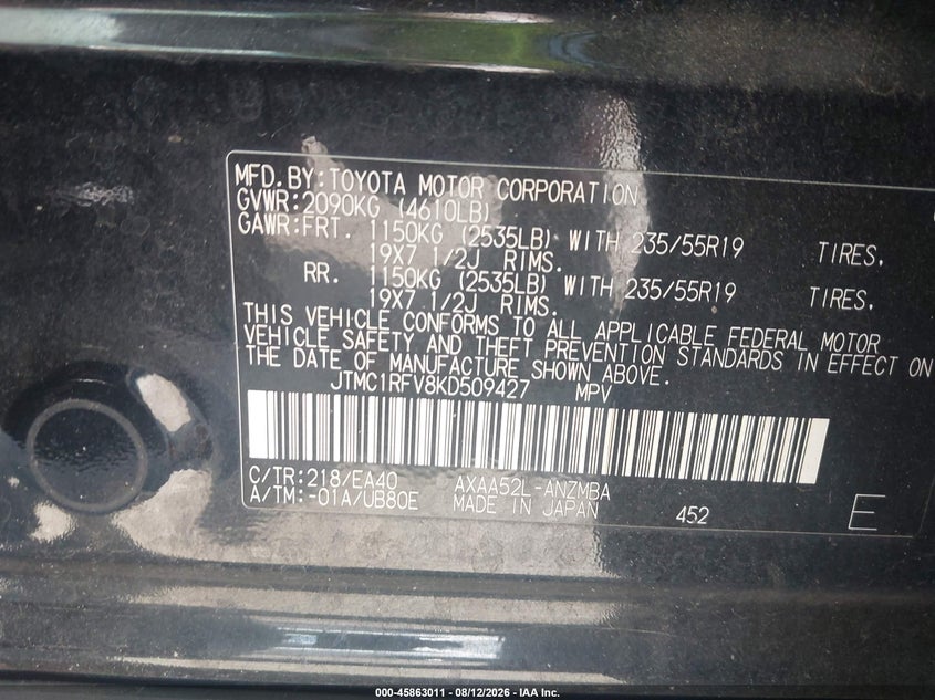TOYOTA RAV4 2019 VIN JTMC1RFV8KD509427