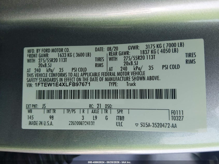 FORD F-150 2020 VIN 1FTEW1E4XLFB97671