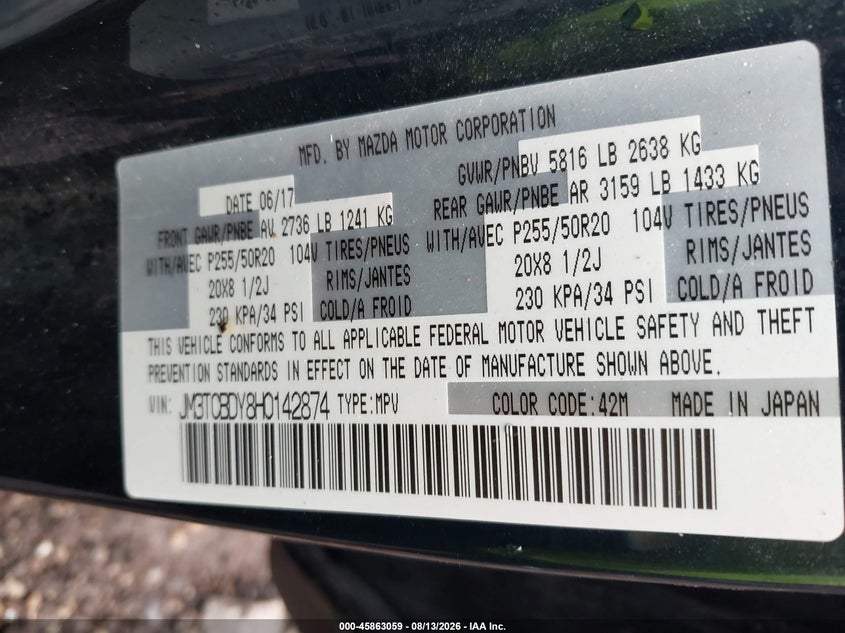MAZDA CX-9 2017 VIN JM3TCBDY8H0142874