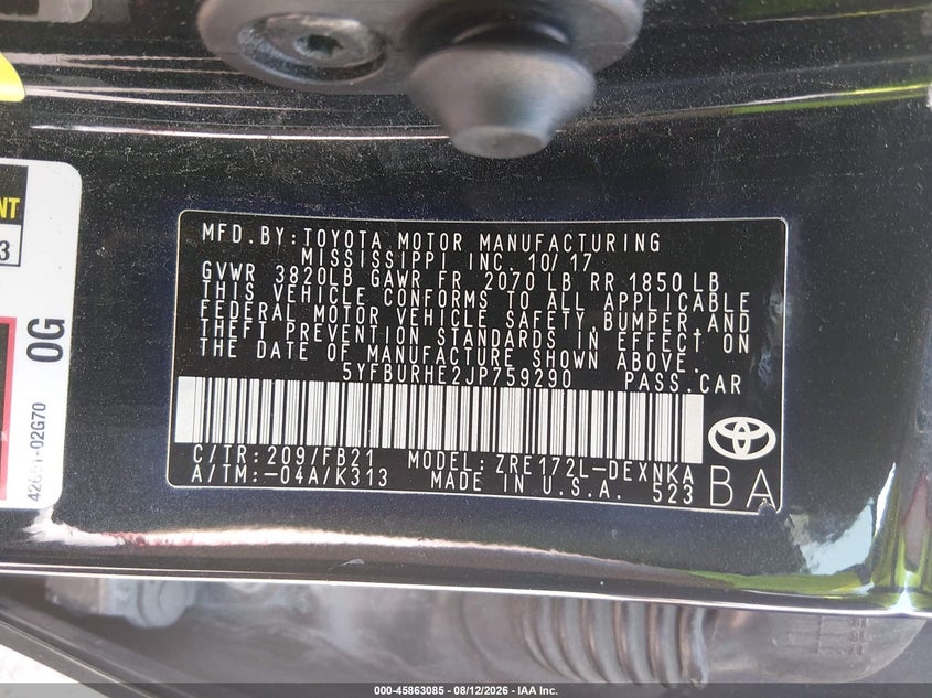 2018 TOYOTA COROLLA SEDAN 1.8L I-4 DOHC, VVT, 132HP