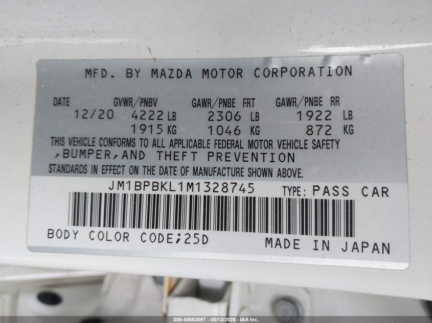 MAZDA MAZDA3 2021 VIN JM1BPBKL1M1328745