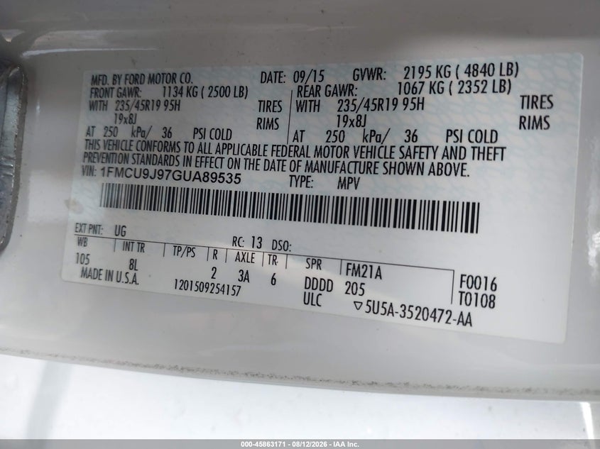 FORD ESCAPE 2016 VIN 1FMCU9J97GUA89535
