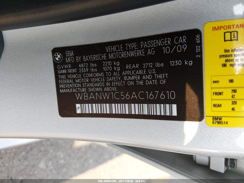 BMW 535I 2010 VIN WBANW1C56AC167610