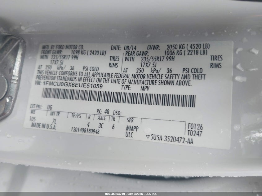 FORD ESCAPE 2014 VIN 1FMCU0GX6EUE51059