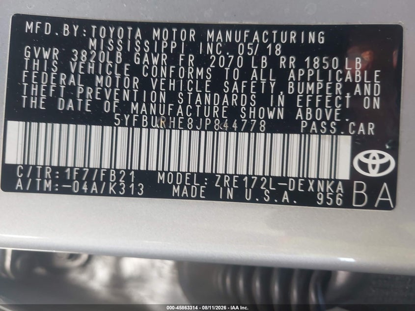 2018 TOYOTA COROLLA SEDAN 1.8L I-4 DOHC, VVT, 132HP