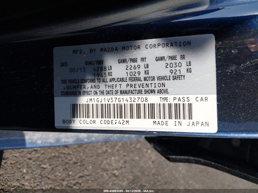 MAZDA MAZDA6 2016 VIN JM1GJ1V57G1432708