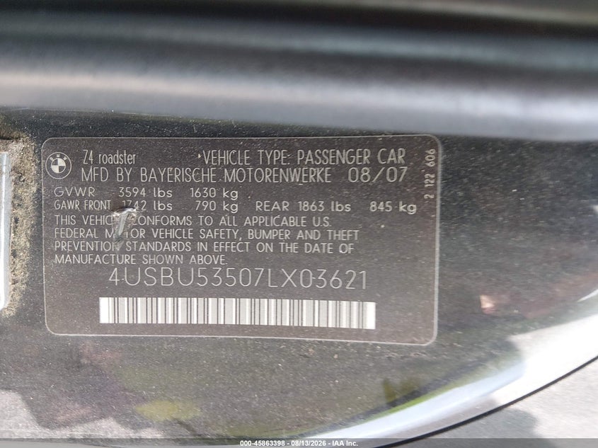 BMW Z4 2007 VIN 4USBU53507LX03621