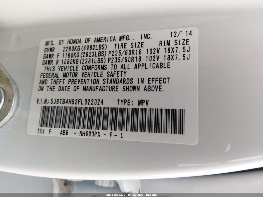 ACURA RDX 2015 VIN 5J8TB4H52FL022024