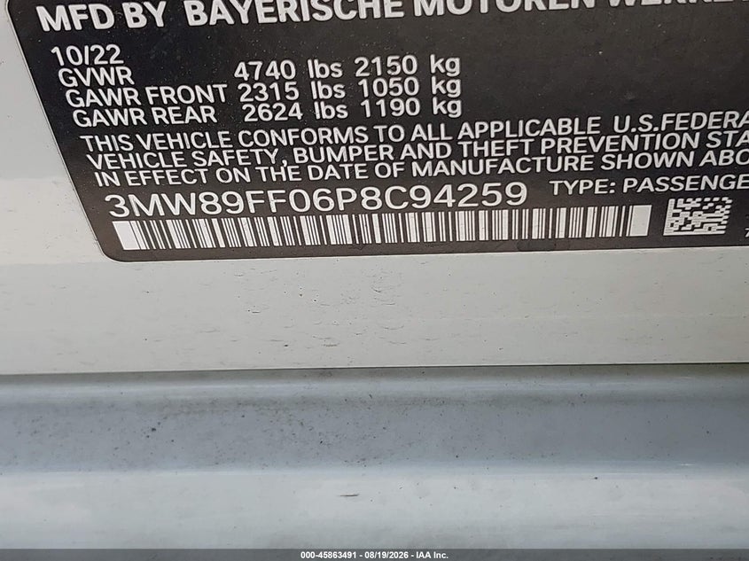 BMW 330I 2023 VIN 3MW89FF06P8C94259