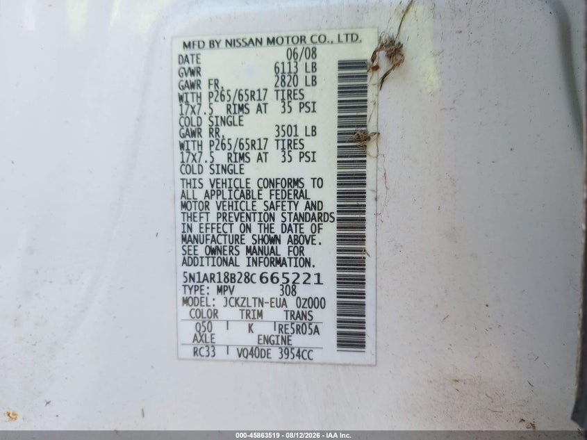 NISSAN PATHFINDER 2008 VIN 5N1AR18B28C665221