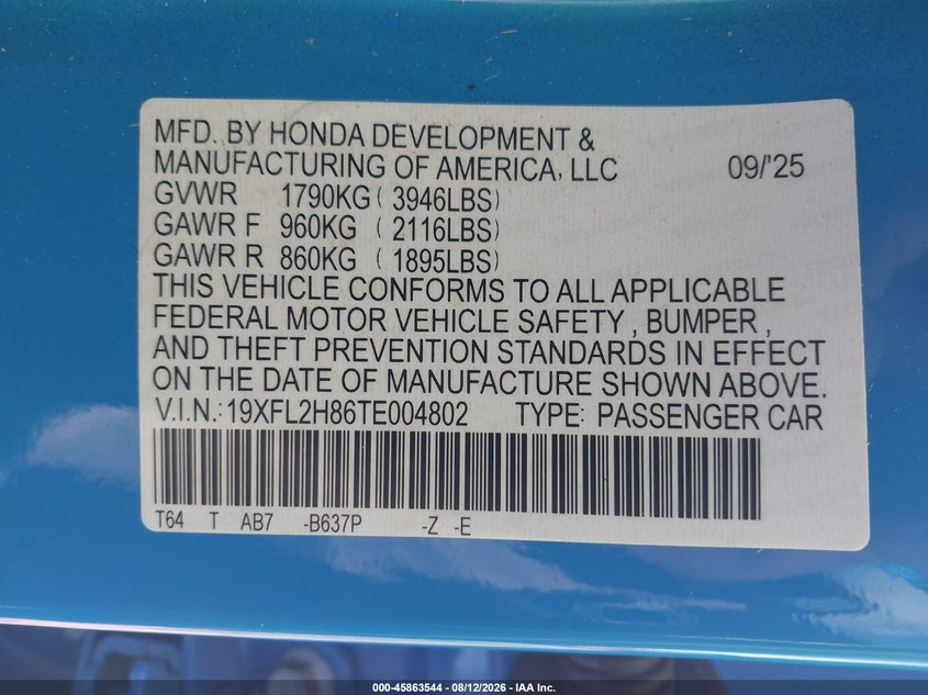 HONDA CIVIC 2026 VIN 19XFL2H86TE004802