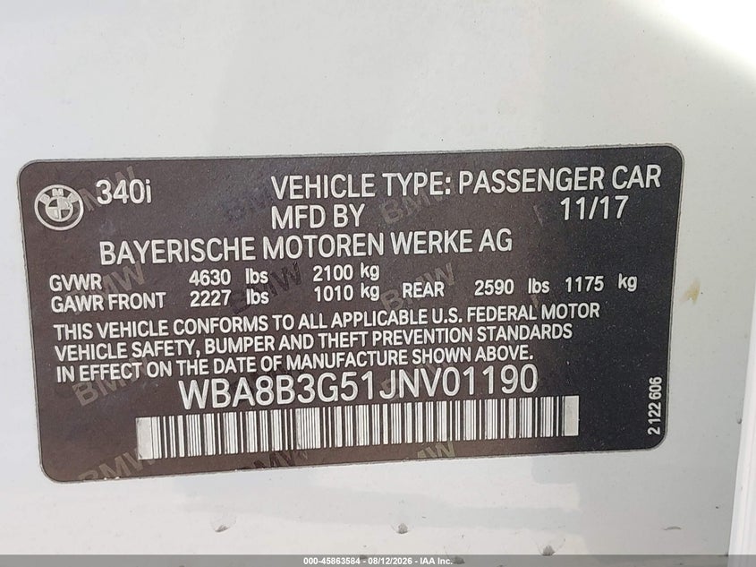 BMW 340I 2018 VIN WBA8B3G51JNV01190
