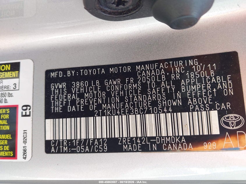 2011 TOYOTA MATRIX HATCHBACK 1.8L I-4 DOHC, VVT, 132HP