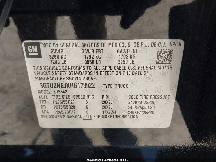 GMC SIERRA 1500 2017 VIN 3GTU2NEJXHG178922