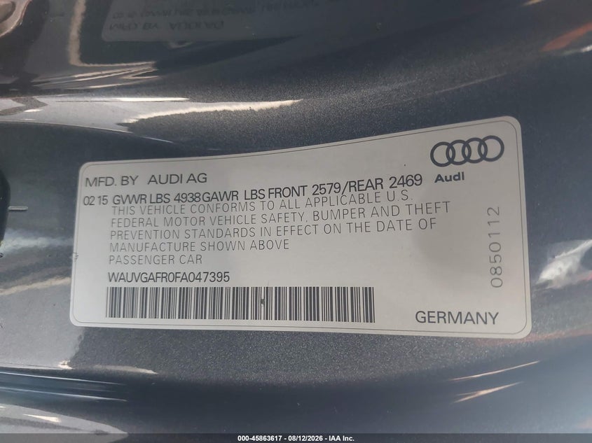 AUDI S5 2015 VIN WAUVGAFR0FA047395