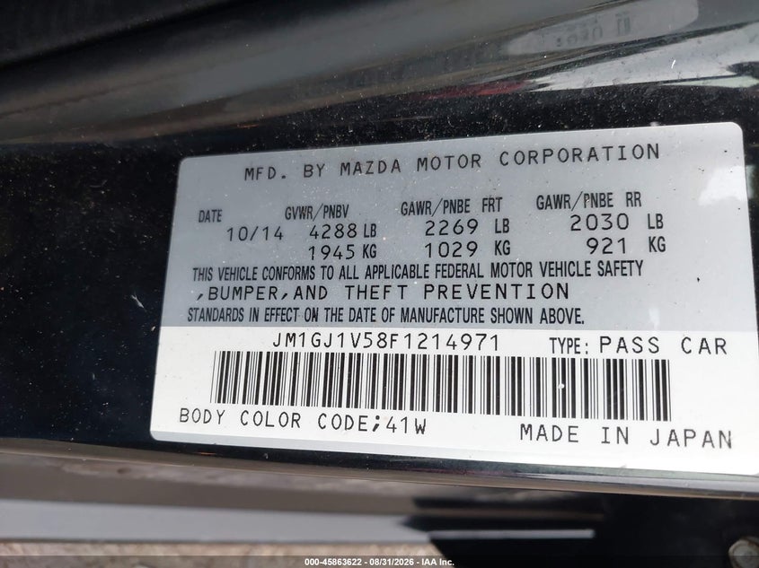 MAZDA MAZDA6 2015 VIN JM1GJ1V58F1214971