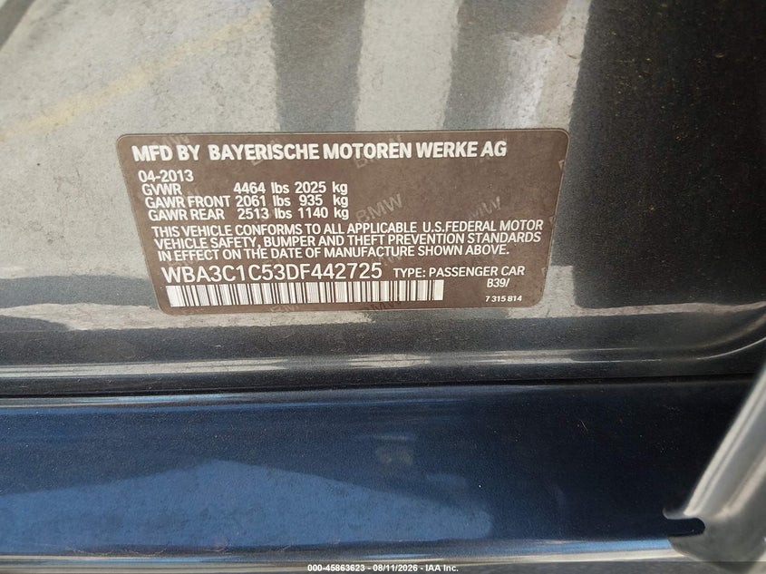 BMW 328I 2013 VIN WBA3C1C53DF442725