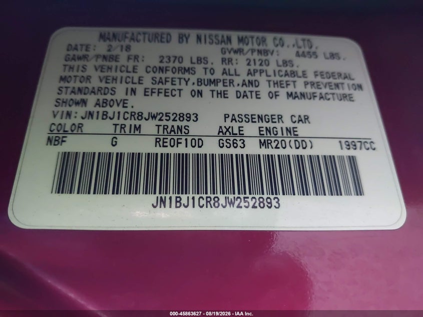 NISSAN ROGUE SPORT 2018 VIN JN1BJ1CR8JW252893