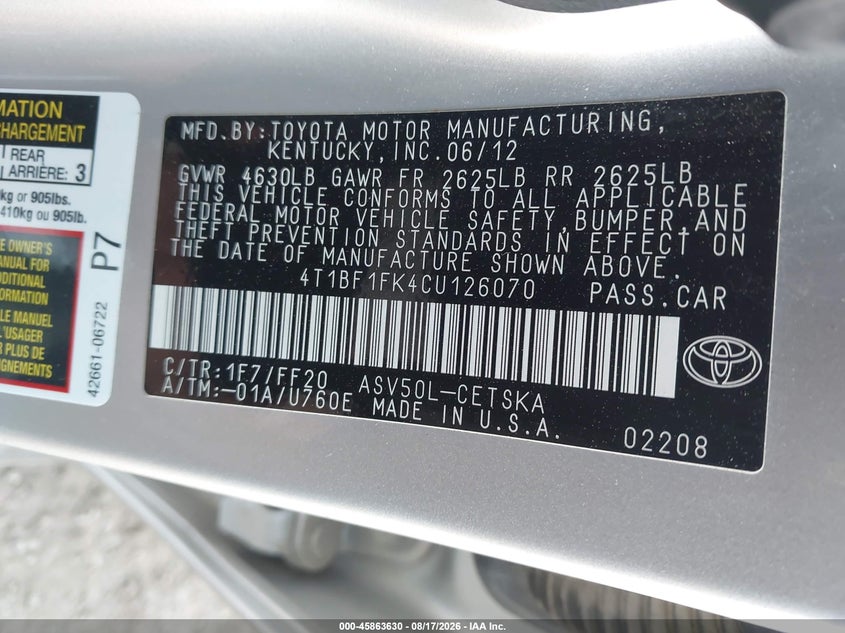 2012 TOYOTA CAMRY SEDAN 2.5L I-4 DOHC, VVT, 173HP