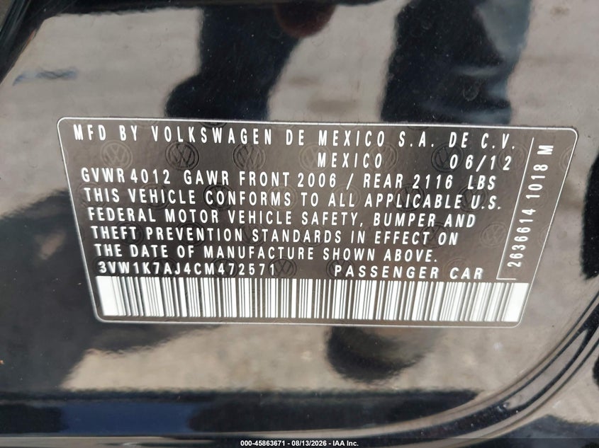 VOLKSWAGEN JETTA 2012 VIN 3VW1K7AJ4CM472571