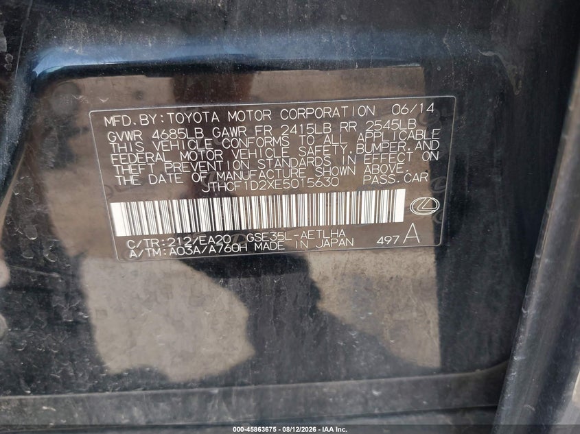 LEXUS IS 250 2014 VIN JTHCF1D2XE5015630