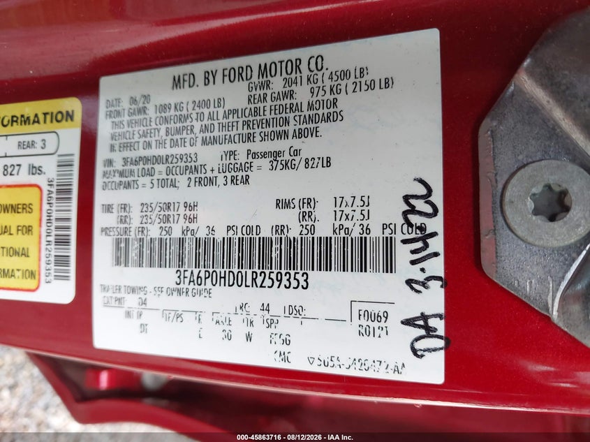 2020 FORD FUSION SEDAN 1.5L I-4 DI, DOHC, VVT, TURBO, 181HP
