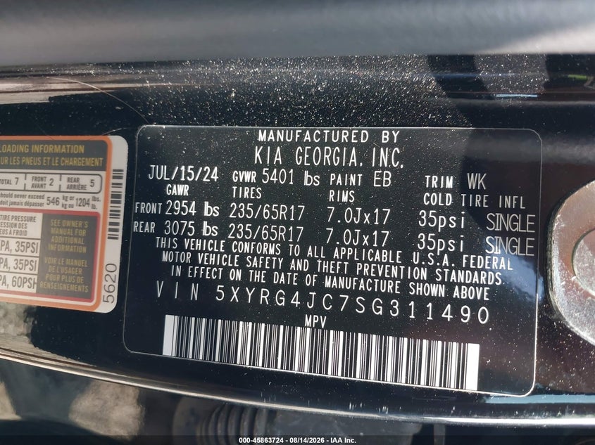 KIA SORENTO 2025 VIN 5XYRG4JC7SG311490
