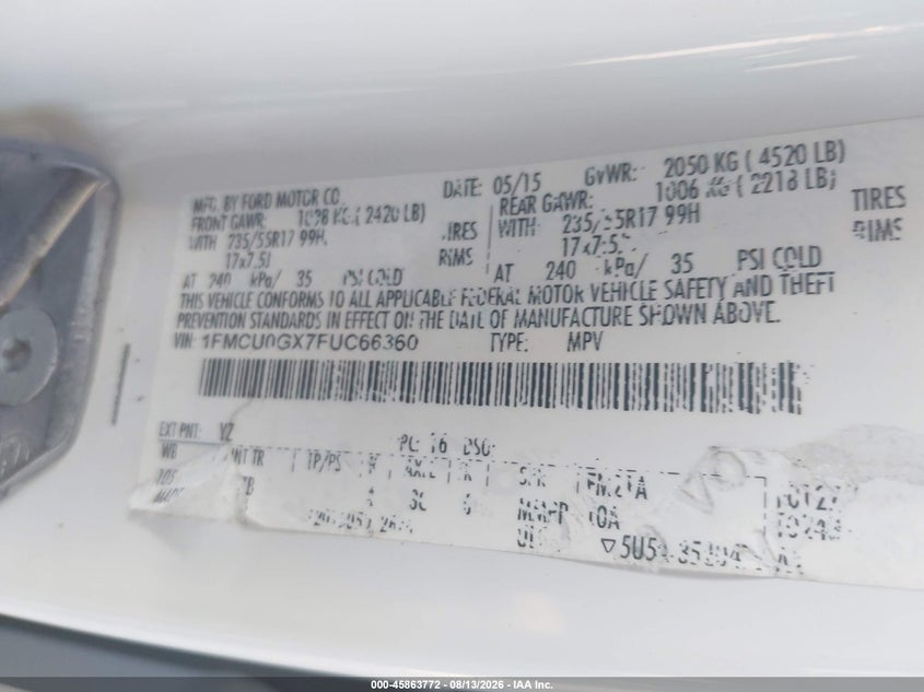 FORD ESCAPE 2015 VIN 1FMCU0GX7FUC66360