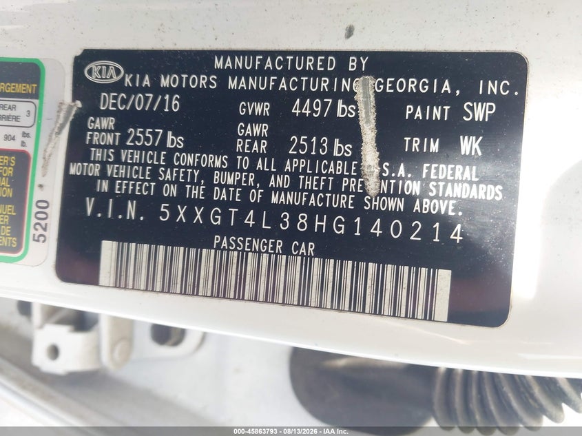 KIA OPTIMA 2017 VIN 5XXGT4L38HG140214