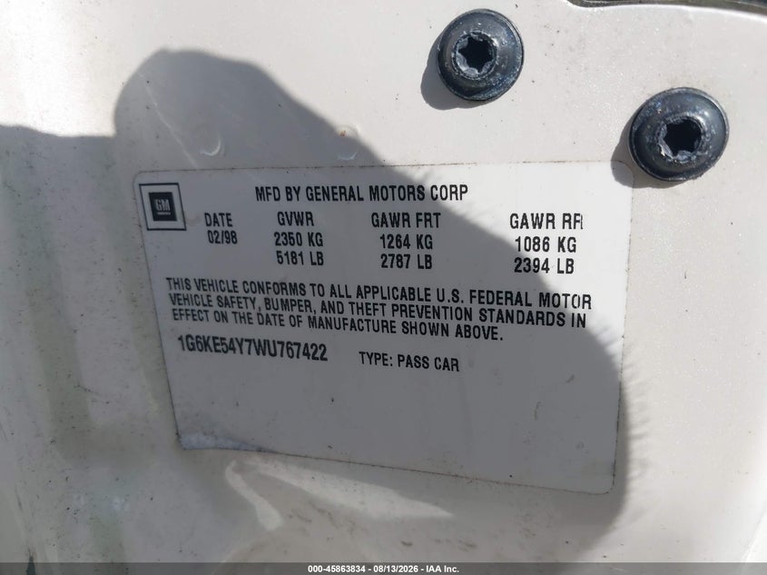 1998 CADILLAC DE VILLE SEDAN 4.6L V-8 DOHC, 275HP