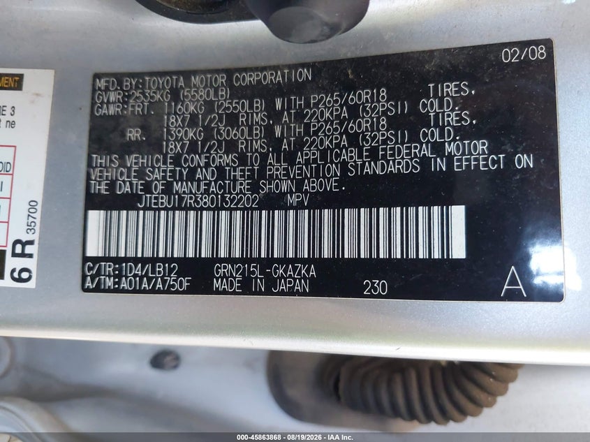 2008 TOYOTA 4RUNNER SPORT UTILITY VEHICLE 4.0L V-6 DOHC, VVT, 236HP