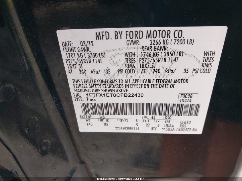 FORD F-150 2012 VIN 1FTFX1ET8CFB22430