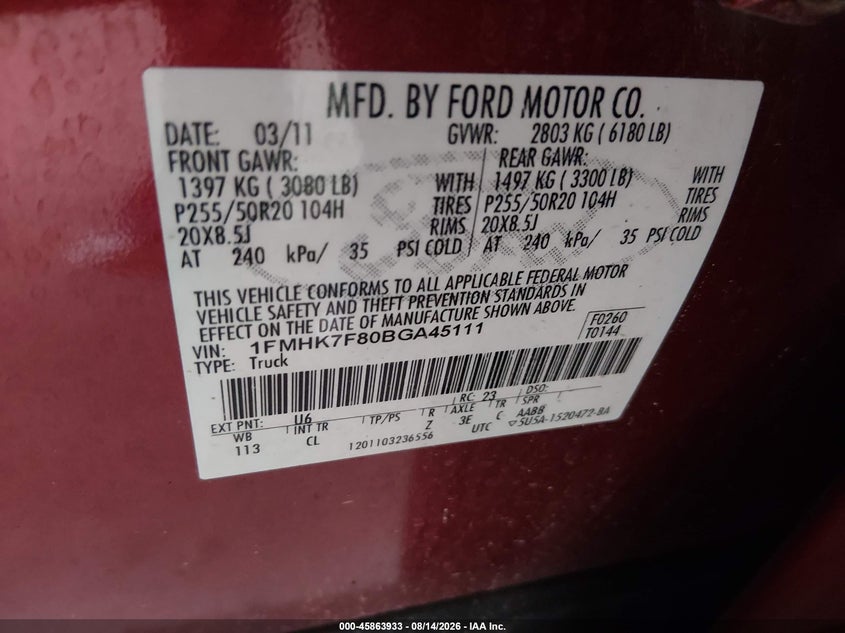 FORD EXPLORER 2011 VIN 1FMHK7F80BGA45111