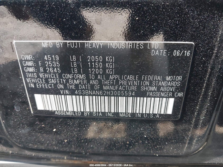 SUBARU LEGACY 2017 VIN 4S3BNAN62H3005594