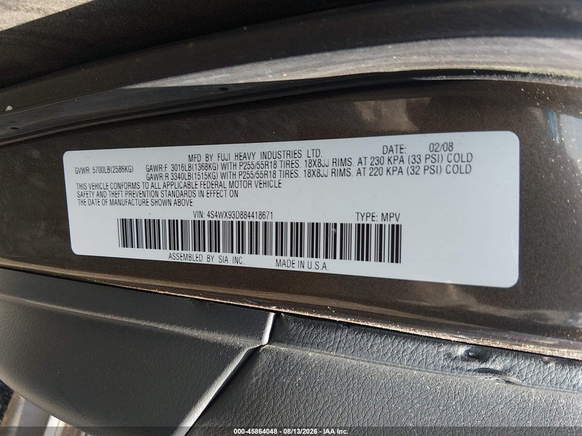SUBARU TRIBECA 2008 VIN 4S4WX93D884418671
