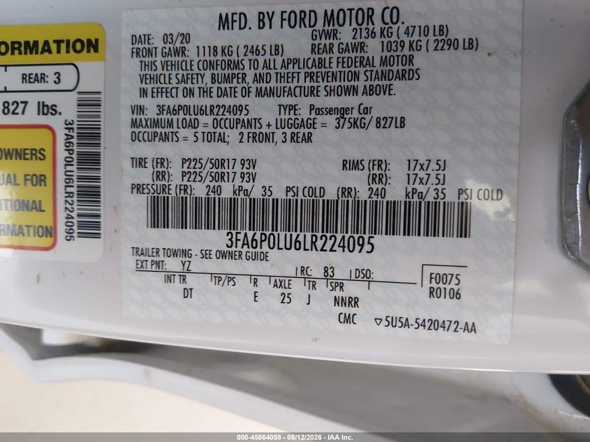 2020 FORD FUSION SEDAN 2.0L I-4 DOHC, VVT, 141HP