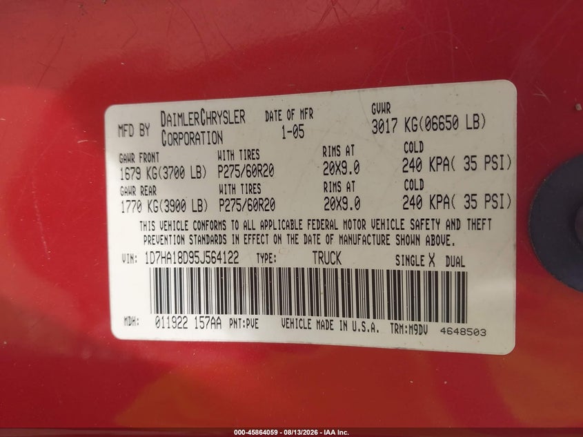 DODGE RAM 1500 2005 VIN 1D7HA18D95J564122
