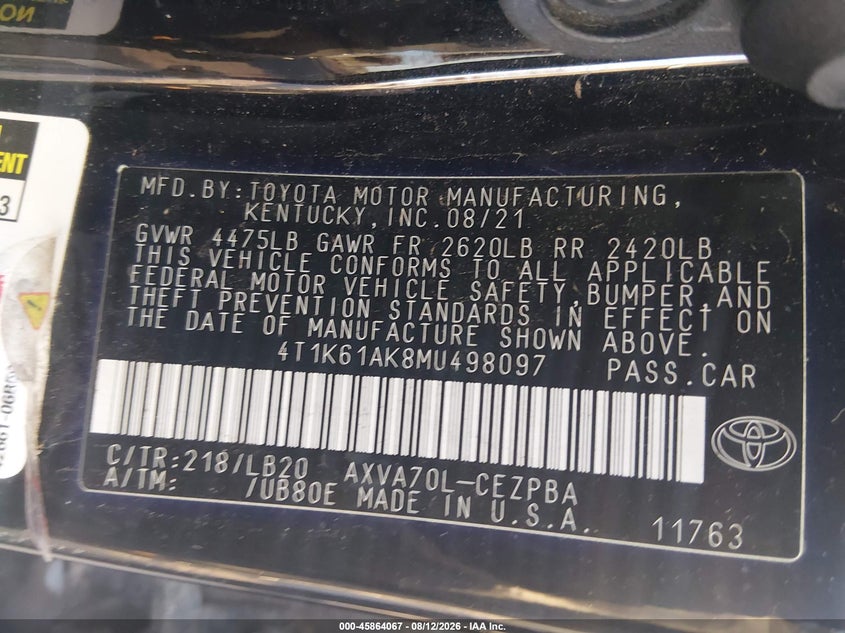 TOYOTA CAMRY 2021 VIN 4T1K61AK8MU498097