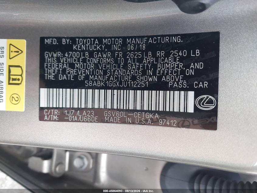 2018 LEXUS ES SEDAN 3.5L V-6 DOHC, VVT, 268HP