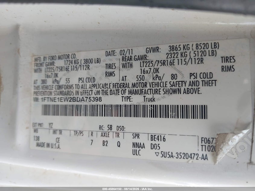 FORD E-150 2011 VIN 1FTNE1EW2BDA75398