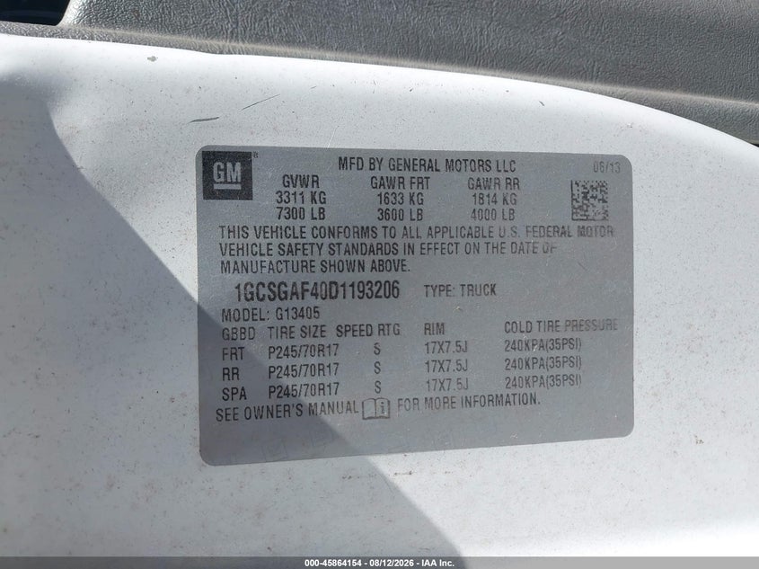 CHEVROLET EXPRESS 1500 2013 VIN 1GCSGAF40D1193206