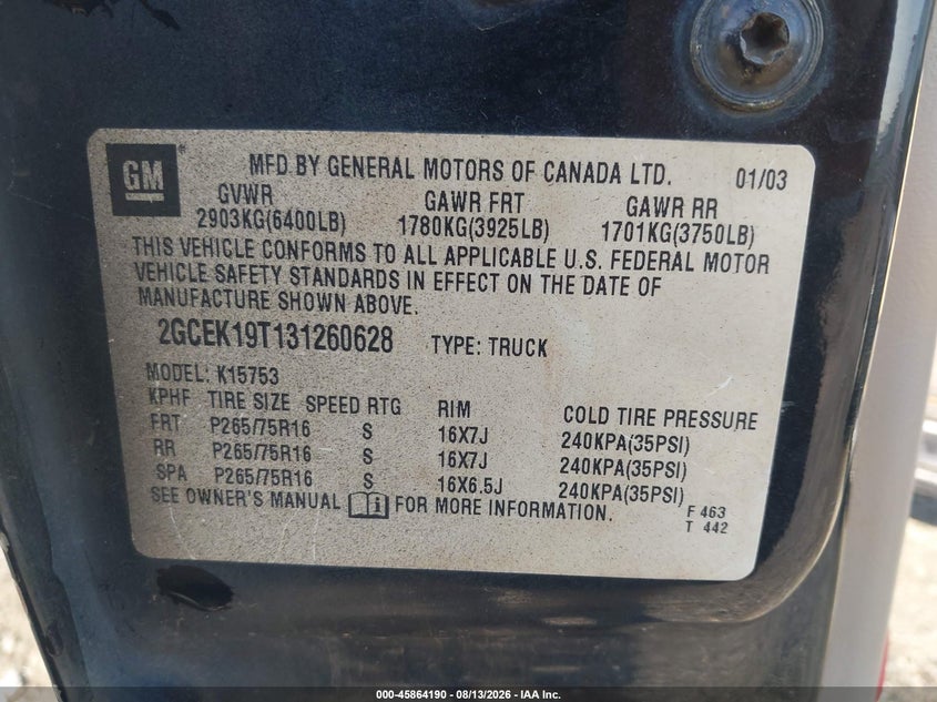 2003 CHEVROLET SILVERADO PICKUP 5.3L V8 FI OHV F
