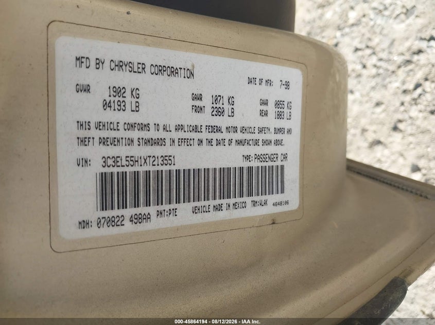 1999 CHRYSLER SEBRING CABRIO 2.5L V-6 168HP