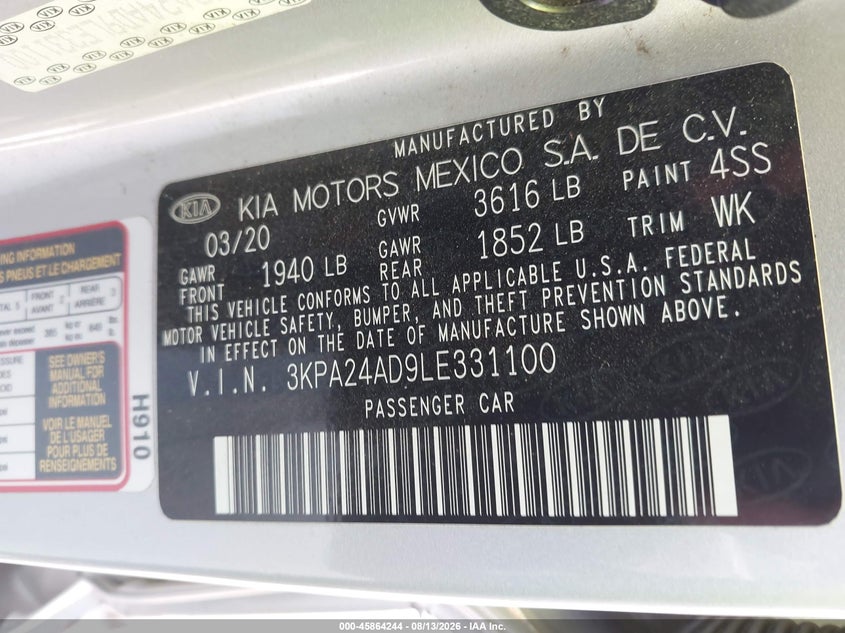 KIA RIO 2020 VIN 3KPA24AD9LE331100