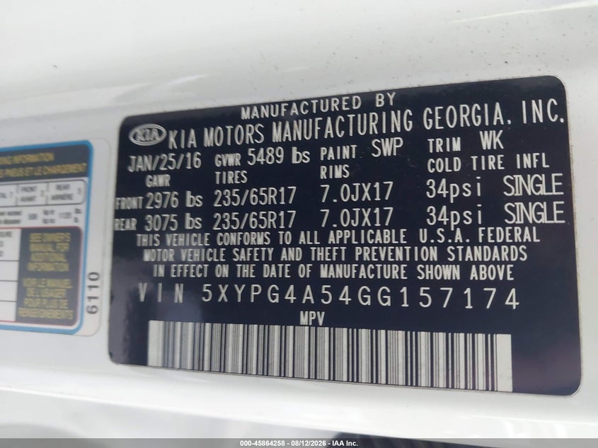 KIA SORENTO 2016 VIN 5XYPG4A54GG157174