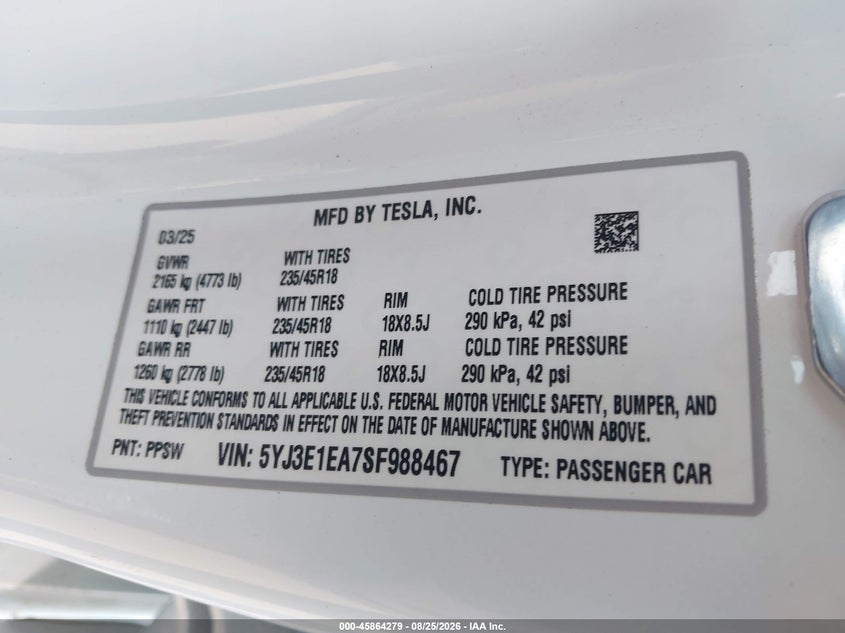 TESLA MODEL 3 2025 VIN 5YJ3E1EA7SF988467